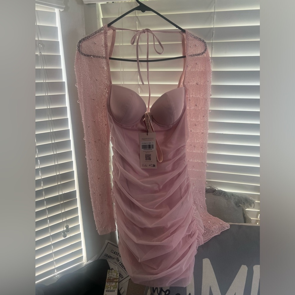 Oh polly ST. GERMAIN
Embellished Long Sleeve Mini Dress in Blush